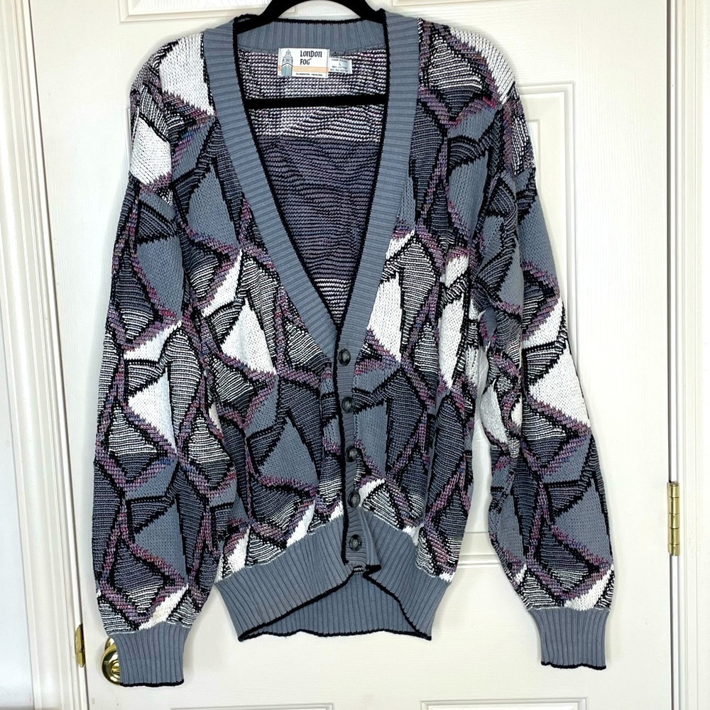 Vintage London Fog Men’s Cardigan Sweater Geometric 80s 90s Button Up | L - Picture 1 of 12